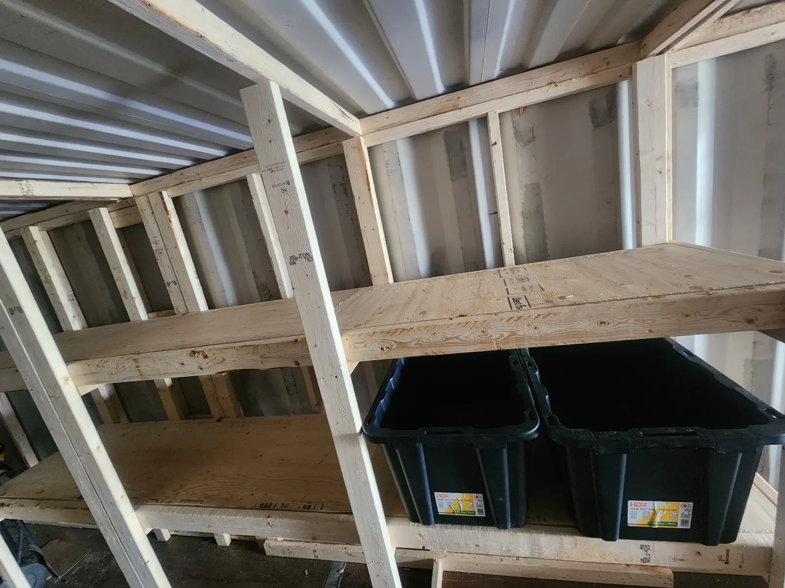 Shipping container custom wood shelving & storage buildout