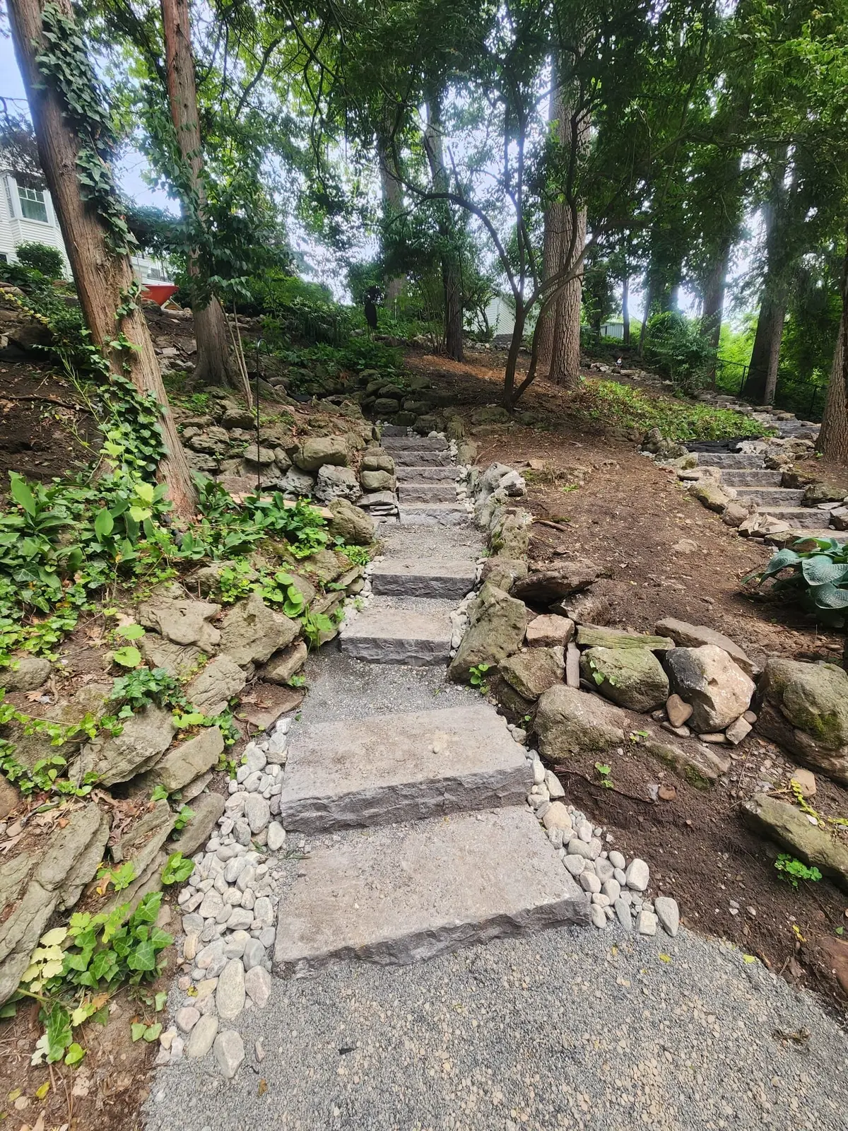Natural stone slab staircase ascending wooded hillside