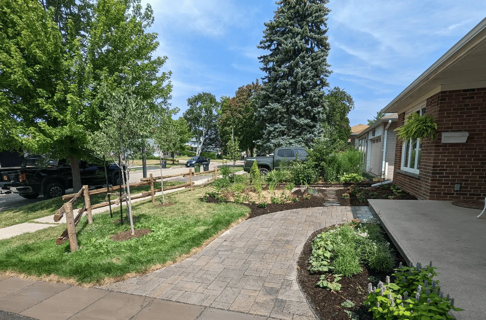 Curved paver front walkway with native garden planting