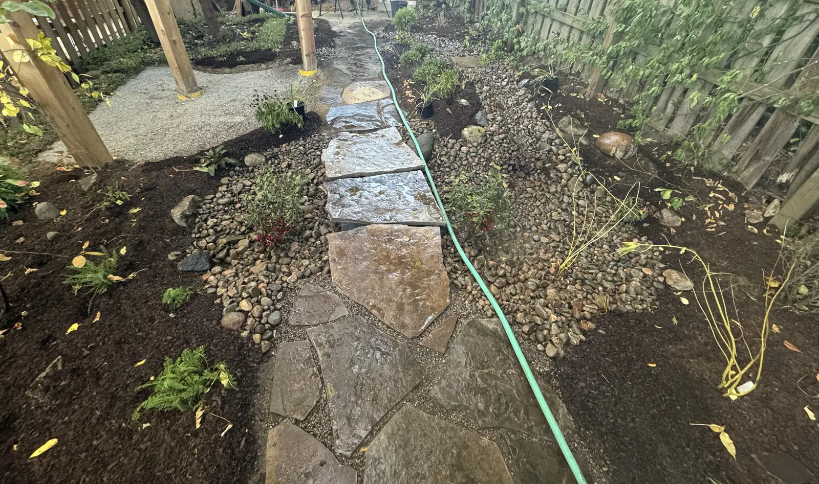 New rain garden installation with flagstone path, dry creek bed & fresh plantings