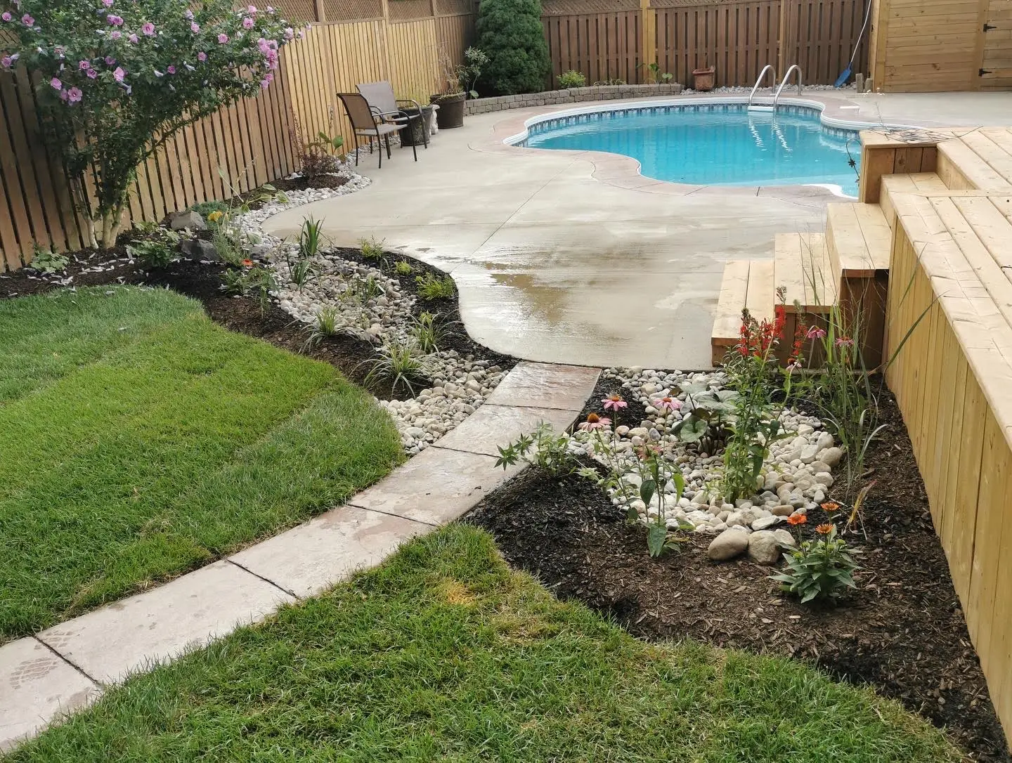 Backyard bio-swale with river rock channel, plantings & pool surround