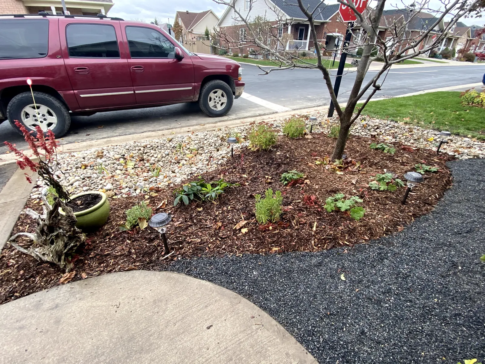 Front yard bio-swale with gravel edge, young plants & solar path lights