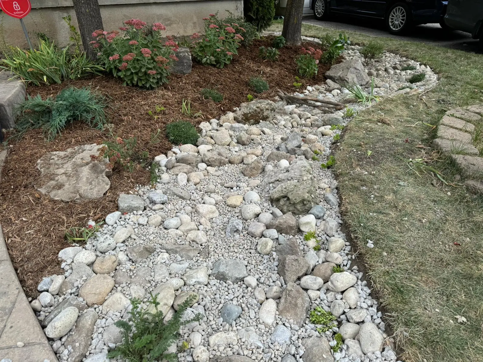 Front yard dry creek rain garden with river rock & new plantings