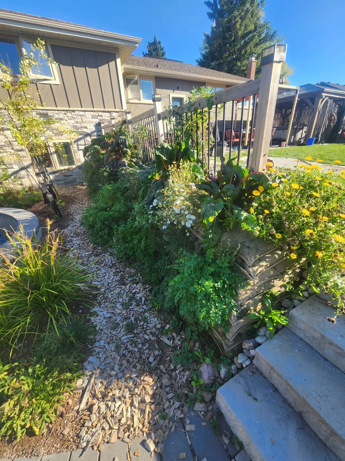 Matured EnviroLok living wall with lush perennial plantings along stone steps