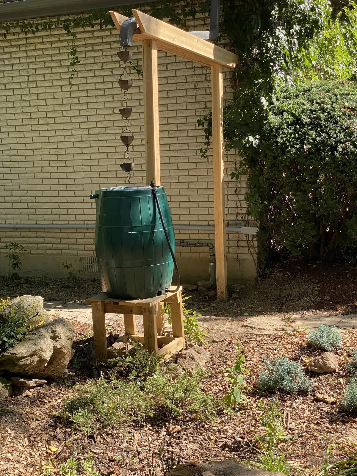 Simple arbour with rain barrel & brick pathway
