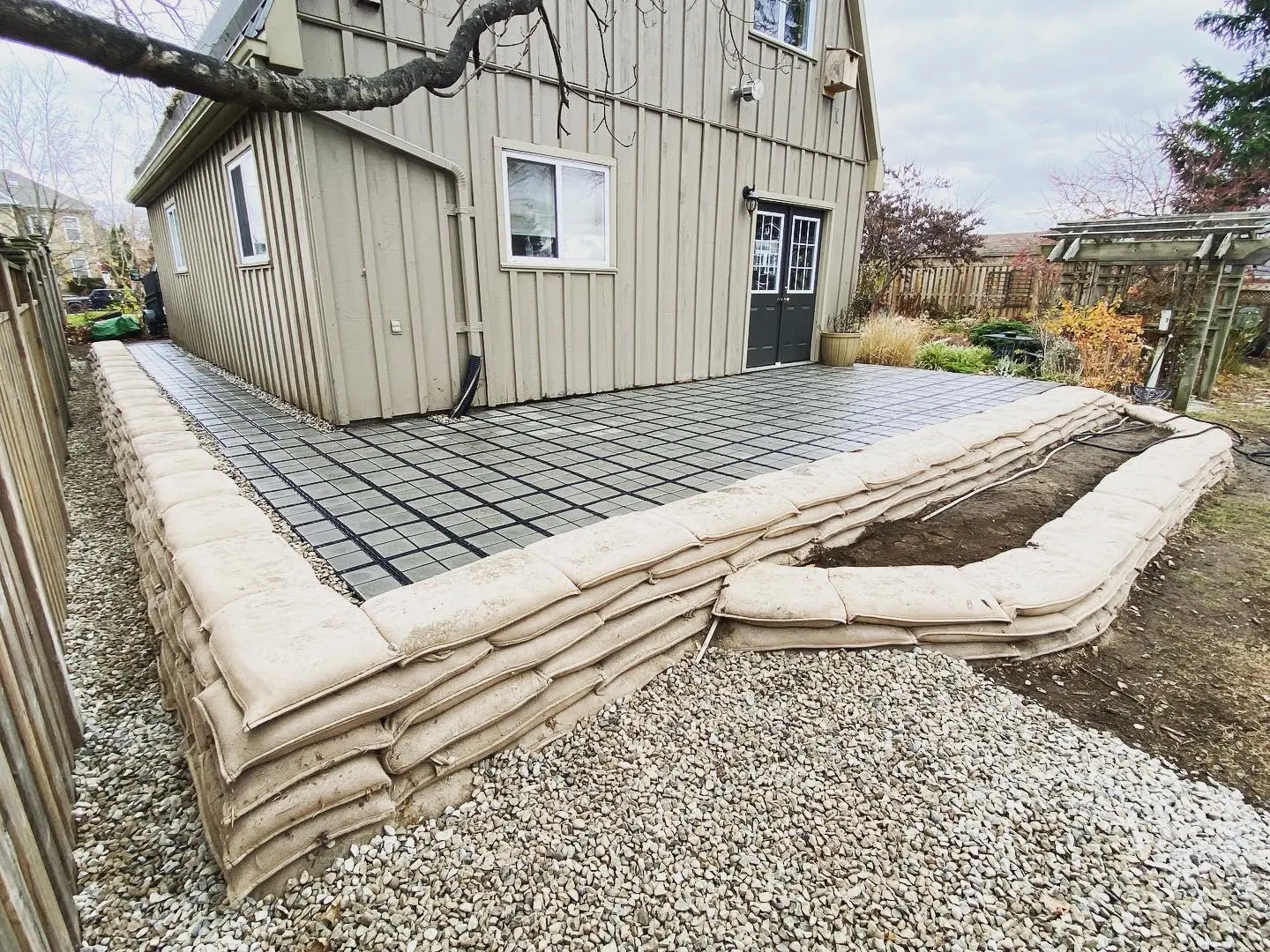 Ecoraster patio installation with gravel surround & sandbag edging